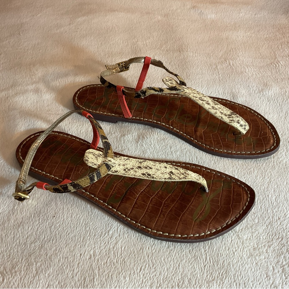 Sam Edelman Brown Croc-Embossed Sandals with Snake-Print Straps